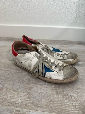 Golden Goose White Sneakers with Blue Star and Red Heel